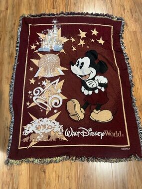 Vintage Walt Disney World Mickey Mouse Burgundy Throw Blanket